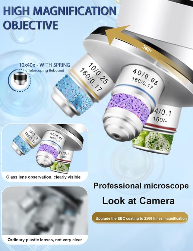 Detalle de Woehrsh WF10x & WF25x Microscope with USB Camera (40X–2000X) for Adults, Lab/School/Home Education (White)