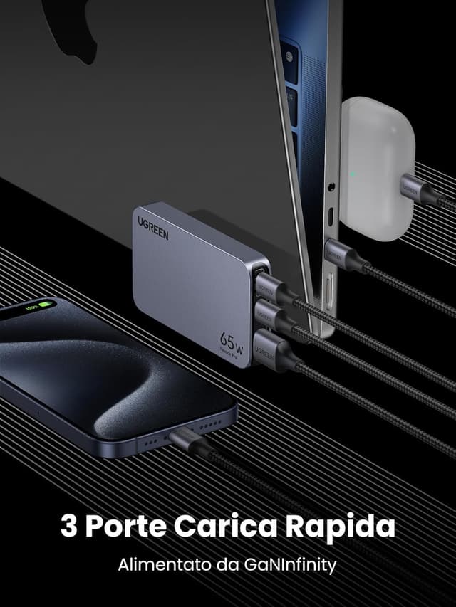 Detalle 2 de UGREEN Nexode Air caricatore ultra sottile 65W con USB-C e USB-A, compatibile (Galaxy S e MacBook, iPad, iPhone, Steam Deck)