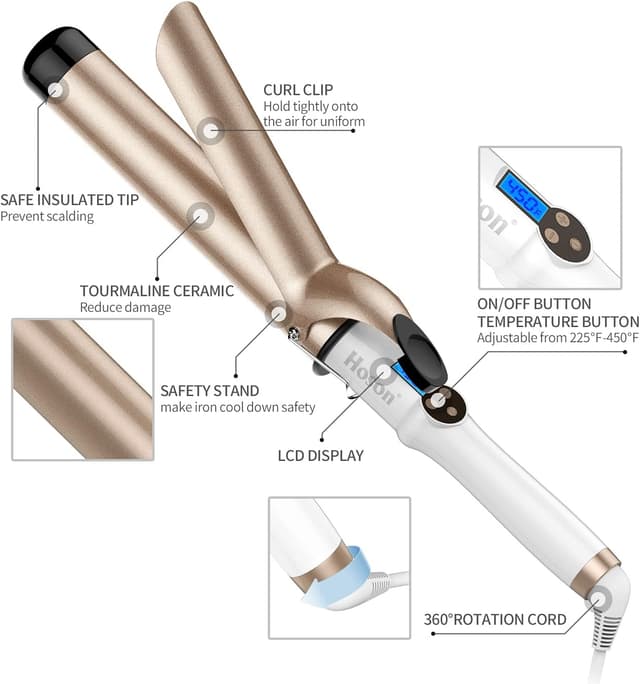 Detalle 2 de Hoson 38mm Curling Tongs Large Barrel (1.5 inch) with Dual Voltage, Ceramic Tourmaline & LCD Display
