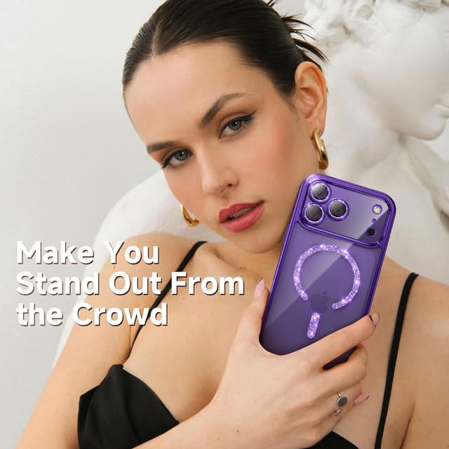 Detalle de Magnetic for iPhone 17 Pro Glitter Case with MagSafe Ring & Integrated Lens Protection (Purple)