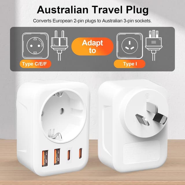 Detalle de Reiseadapter Australien 5-in-1 (Typ I) mit 2× USB-C, 2× USB-A und AC für EU-Stecker