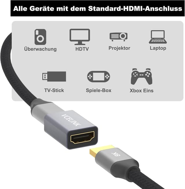 Detalle de VCELINK HDMI Kupplung 8K (HDMI Buchse auf Buchse) – 8K@60Hz, 4K@120Hz, HDR, eARC