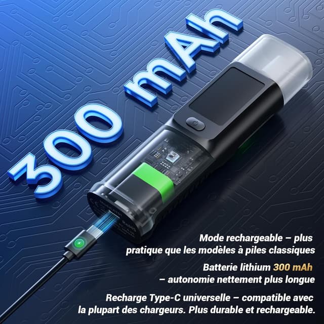 Detalle de ELESKY Éthylotest électronique rechargeable USB‑C avec écran LCD (BrAC en mg/L) et 10 embouts