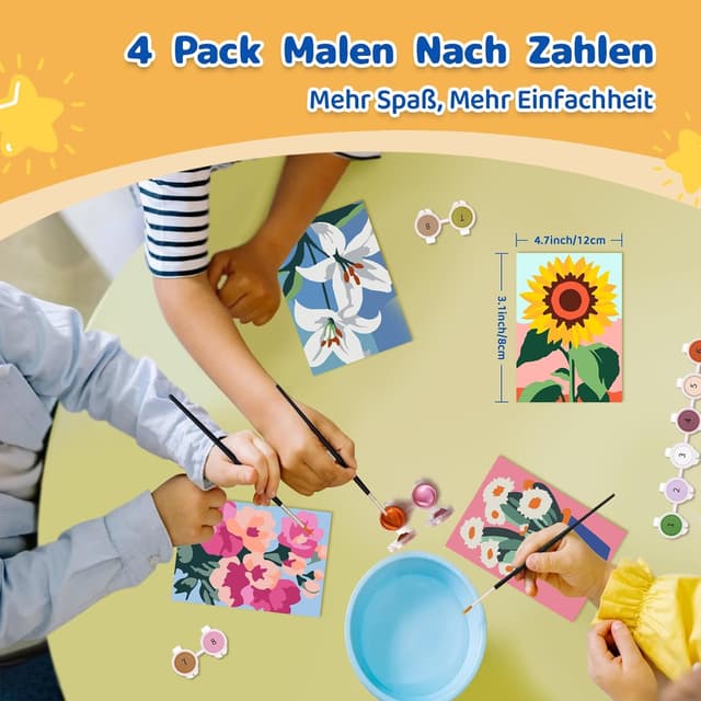 Detalle de Zimrobin 4er-Set „Malen nach Zahlen“ für Kinder (12 × 8 cm) mit Acrylfarben & 3 Pinseln – Motiv „Schöne Blumen“