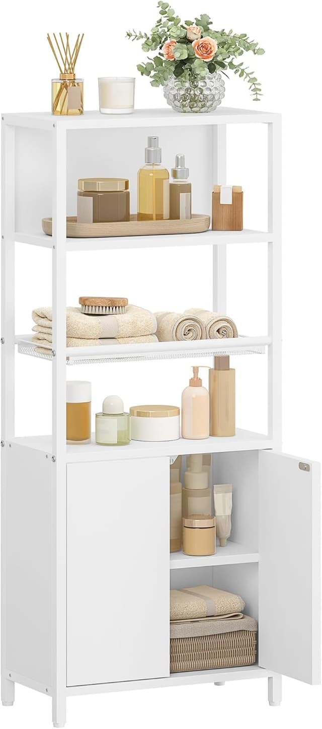 Hzuaneri meuble de salle de bain blanc avec 2 portes, étagère ouverte et plateau métallique aéré (20 x 38 x 90 cm) BC42903WV1