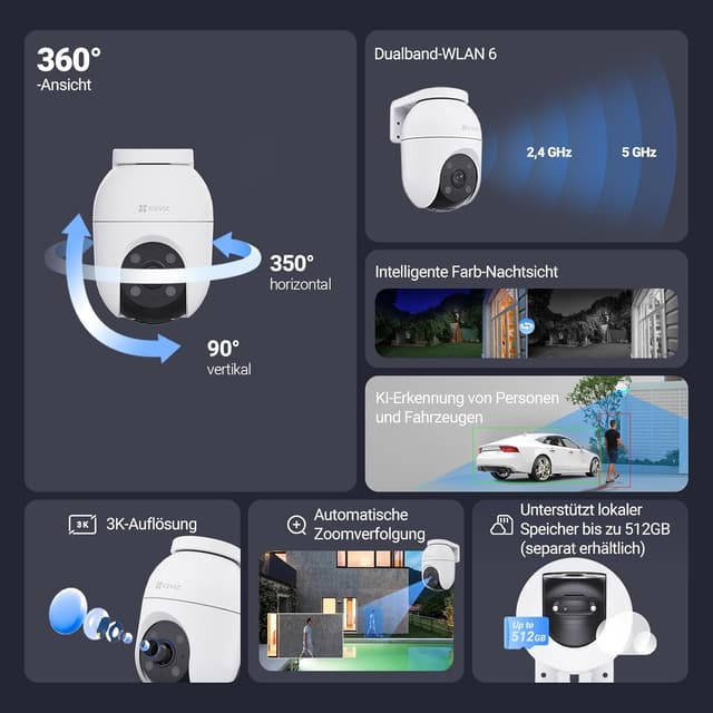 Detalle de EZVIZ C8c 3K (5MP) Pan&Tilt WLAN-Überwachungskameras außen, 360° PTZ – 2er-Set mit Personen-/Fahrzeugerkennung