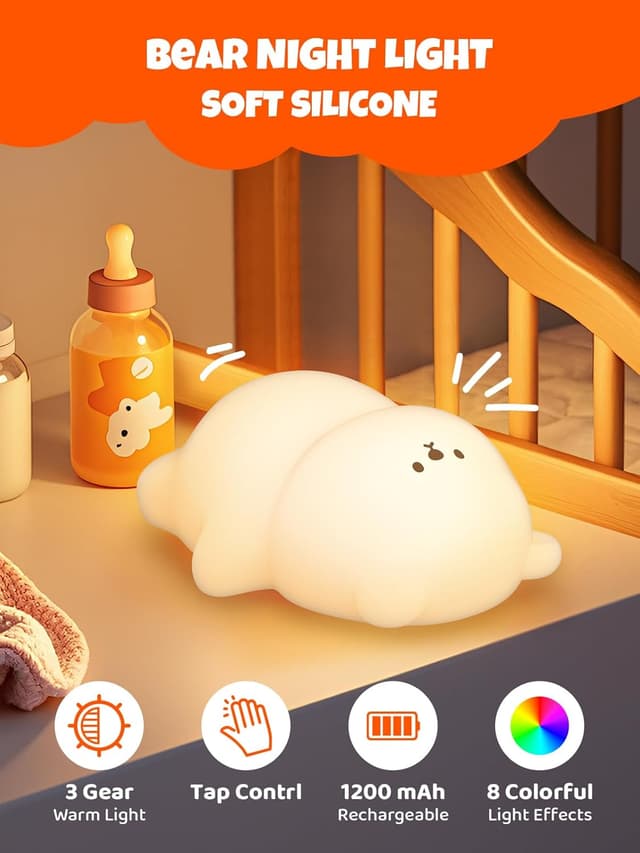 Detalle 2 de Smiling Shark Mignon LED veilleuse enfants en forme d’ours, tactile, rechargeable 1200mAh, 3 niveaux, RGB et timer