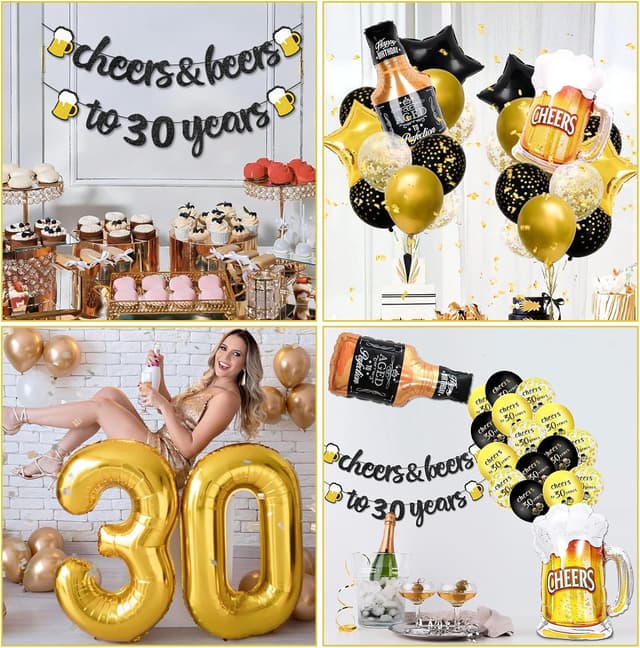 Detalle de 30th Birthday Decorations set with black & gold “cheers to 30 years” banner and 30 foil number balloons