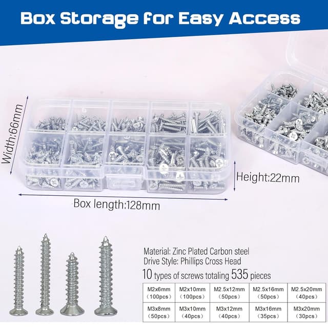 Detalle de AMLOOPH self tapping small wood screws assortment (535 pcs) with plastic storage box
