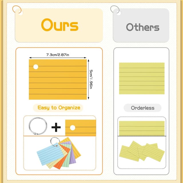 Detalle de Thboxes 600 farbige A8 Karteikarten (7,4 x 5,2 cm) liniiert mit Kraft-Einband und Losenblattringen