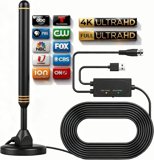 Detalle de Indoor TV Antenna for Smart TV with Amplifier, Long-Range HD Reception (4K/1080p) – Orange