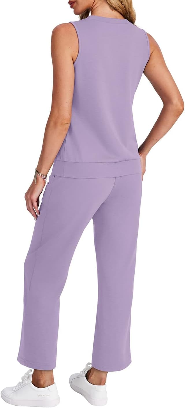 Detalle de WIHOLL Women’s Two-Piece V-Neck Lounge Set with Wide-Leg Cropped Pants