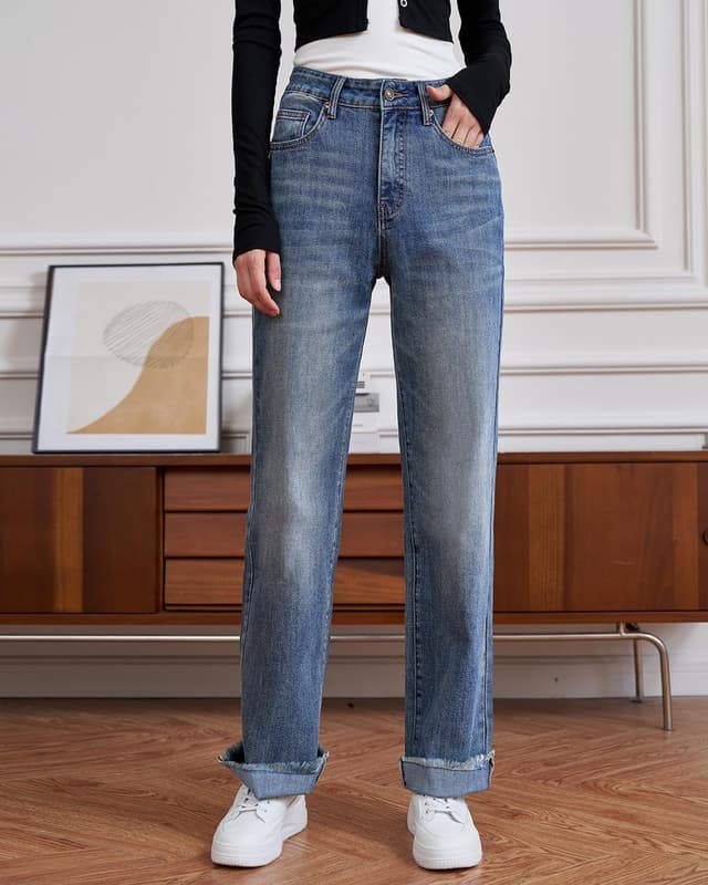 Detalle de UPNET Women’s High-Waisted Stretch Straight-Leg Jeans with Tummy Control & Raw Hem