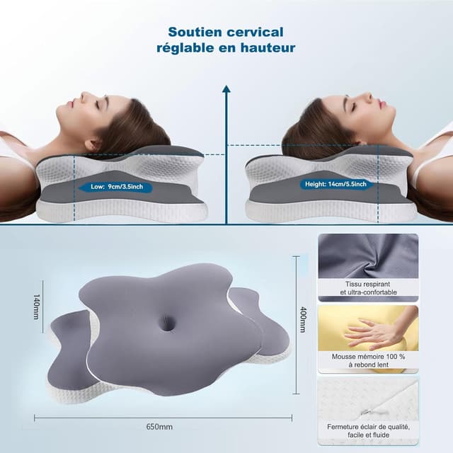 Detalle de Oreiller ergonomique cervical CloudNook en mémoire de forme, soutien de la nuque respirant
