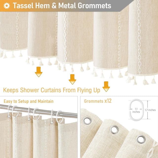 Detalle de BTTN 78 Inch Long Boho Farmhouse Linen Blend Shower Curtain Set (Cream/Beige, 72x78) with Plastic Hooks