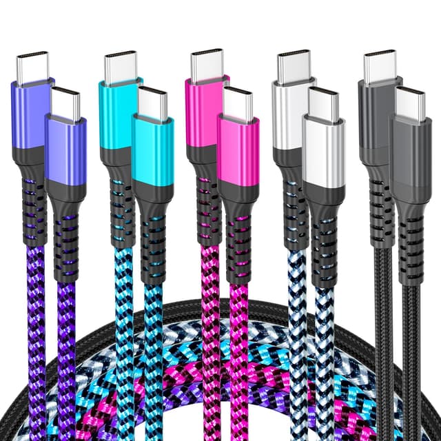 Detalle de HEPU USB-C to USB-C Cable, 5-Pack (3/3/3/6/6 ft) — Braided Fast-Charge Charger Cords
