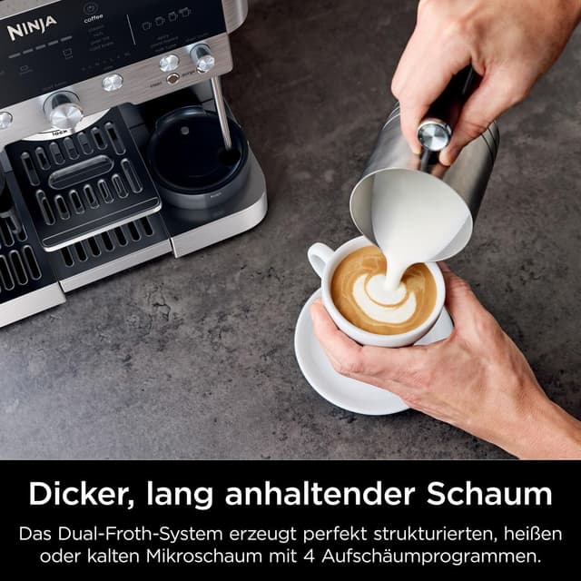 Detalle 2 de Ninja Luxe Premier 3-in-1 Kaffeemaschine mit Mahlwerk und Aufschäumer (ES601EU) – Latte, Cappuccino, Cold Brew & Espresso