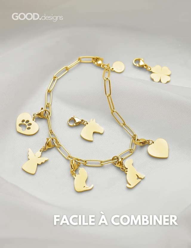 Detalle de Pendentif charm à fermoir mousqueton en acier inoxydable 316L (ou plaqué or 18 carats) pour bracelets à breloques