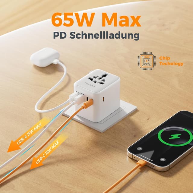 Detalle 2 de TESSAN Weltreiseadapter mit USB‑C GaN 65 W (PD) und 5 USB – universeller Reise-Stecker für USA, UK, Japan, Australien & mehr