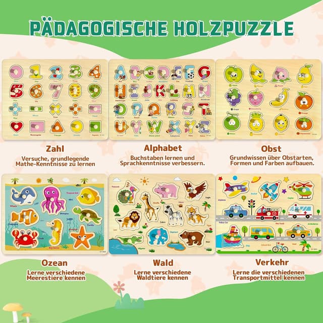 Detalle 2 de edutree Hölzerne Steckpuzzle 6er Pack