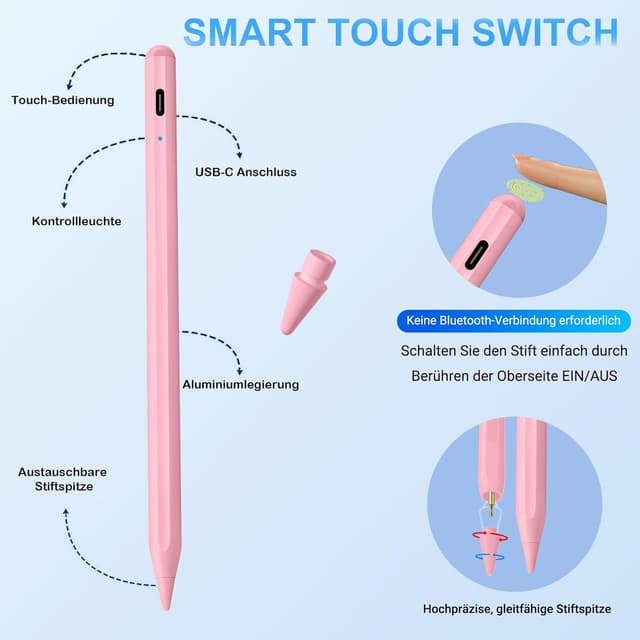 Detalle de BLEBLE Stylus Pen für iPad (2018–2025) mit Schnellladung und Handflächenerkennung – passend für iPad 11/10/9/8/7/6, Air, Pro und mini (Rosa)