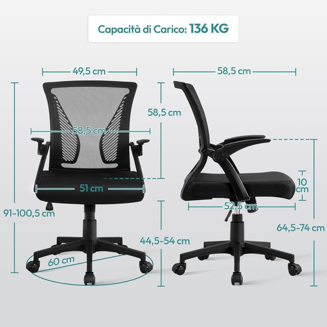 Detalle de Yaheetech sedia da ufficio ergonomica con schienale in rete, lombare e braccioli ribaltabili (a ruote) nero