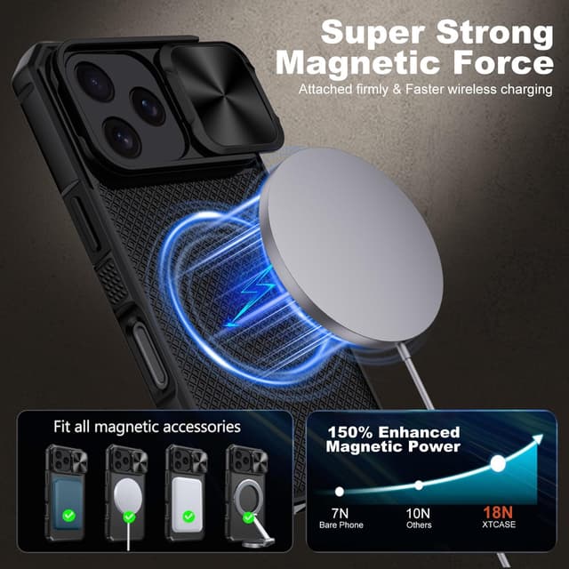 Detalle de XTCASE Coque iPhone 17 Pro magnétique compatible MagSafe avec protection caméra et coulisse étui noir