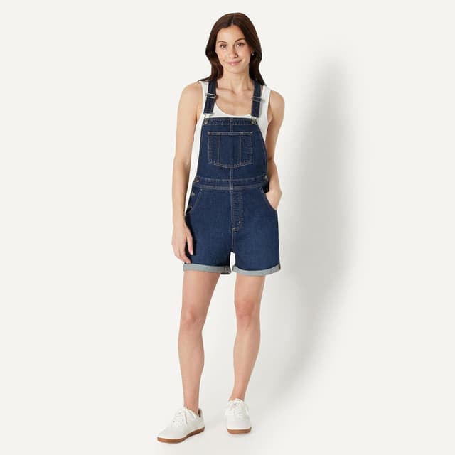 Detalle de Amazon Essentials Damen Denim-Short-Overall mit Stretch & verstellbaren Trägern (Relaxed Fit)