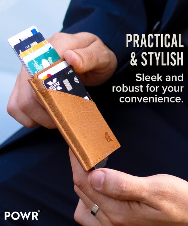 Detalle de POWR RFID porta carte slim in metallo con blocco a doppio strato e porta badge pop-up