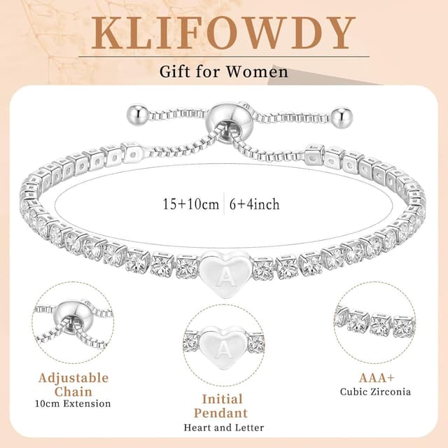 Detalle de KLIFOWDY Sterling Silver Initial Tennis Bracelet (Letter A–Z) with Heart & Cubic Zirconia