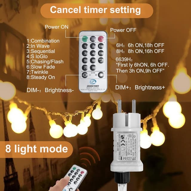 Detalle de WOWDSGN Kugel-Lichterkette mit 150 warmweißen LEDs, 15 m, dimmbar, 8 Leuchtmodi (Stecker, für innen & außen)