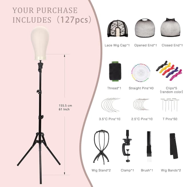 Detalle 2 de Demides 22'' Canvas Wig Head with 61'' Adjustable Tripod Stand – Mannequin Head Set for Styling, Display, and Practice