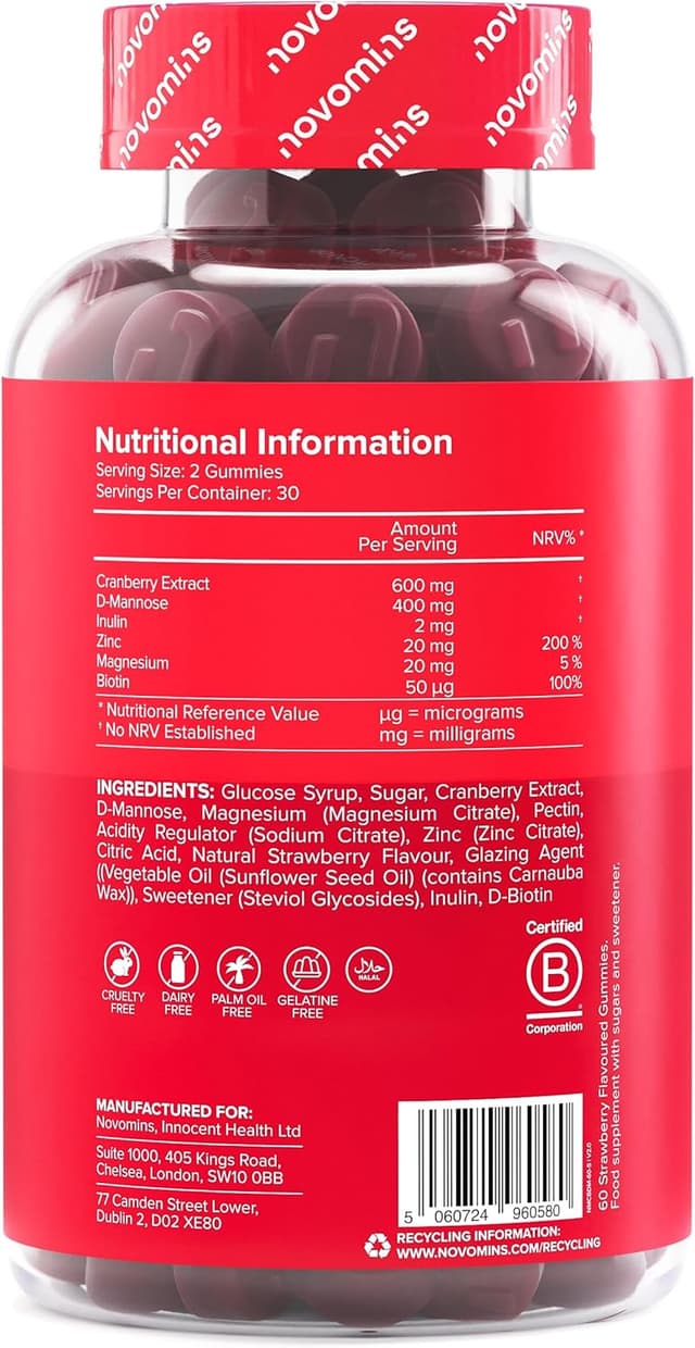 Detalle de Gommes Canneberge & D-Mannose Novomins (vegan, sans gluten) – soutien des voies urinaires, zinc & magnésium – 60 gommes