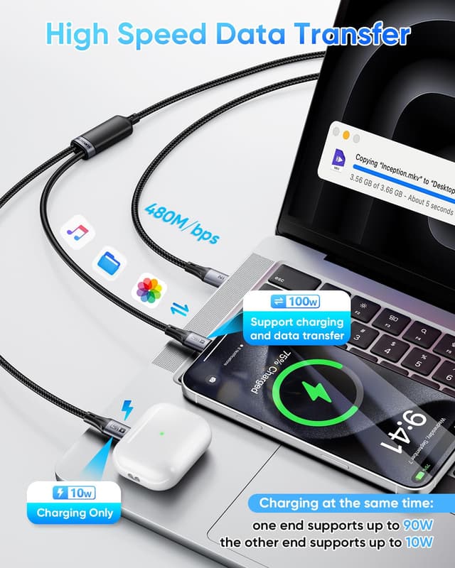 Detalle de SUNGUY câble USB‑C vers USB‑C 2 en 1 1,2 m avec charge rapide jusqu’à 100 W