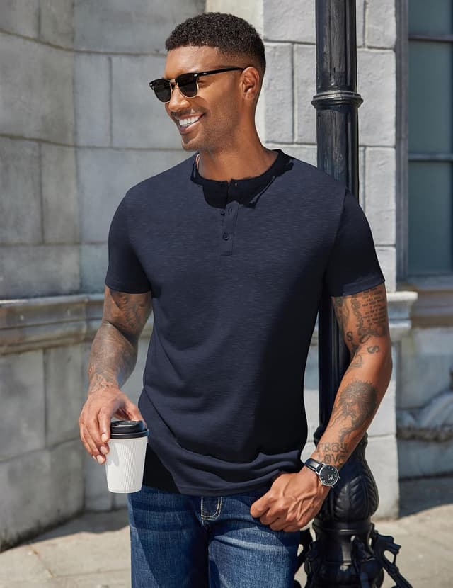 Detalle 2 de COOFANDY T-shirt Henley homme à manches courtes avec col boutonné