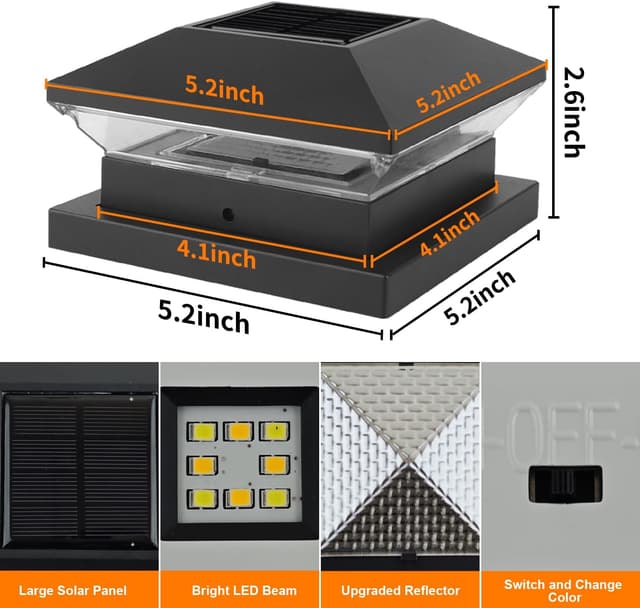 Detalle 2 de NATPOW Solar Post Lights (Post Cap Lights) with 2 Colour Modes for Outdoor Fence Posts – 4 Pack