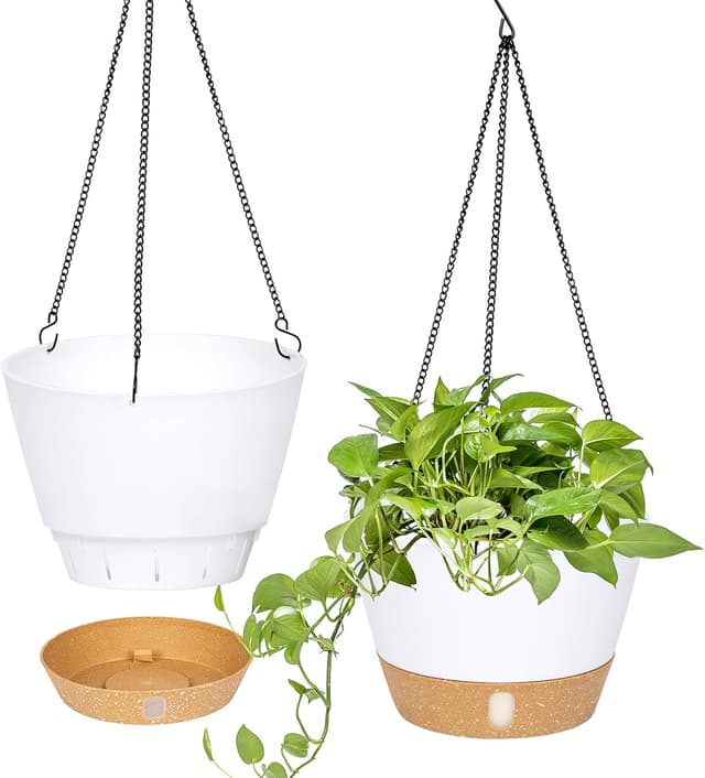 Thumbnail 6 de QCQHDU 2-Pack Hanging Planters (25.4cm) with Drainage Hole and 3 Hooks, Grey