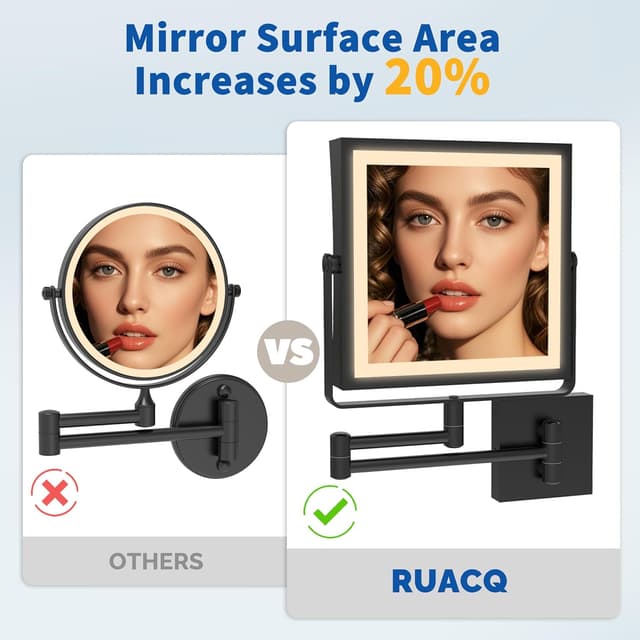 Detalle de Ruacq Rechargeable Wall Mounted Makeup Mirror with Lights (1X/10X, 3-Color Dimmable, 360° Arm)