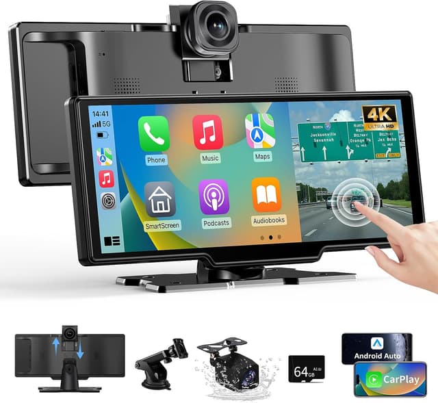 Detalle de Alpinetech 11 Zoll CarPlay & Android Auto Display mit 4K-Dashcam, Rückfahrkamera, Bluetooth und MirrorLink (64G TF)
