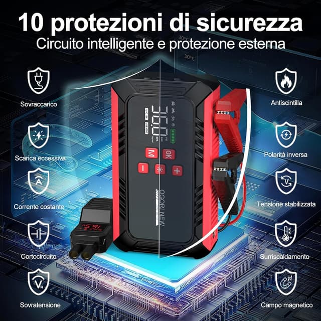 Detalle de OGORI NEW Booster Avviamento Auto portatile 6000A con compressore aria, torcia LED e display LCD