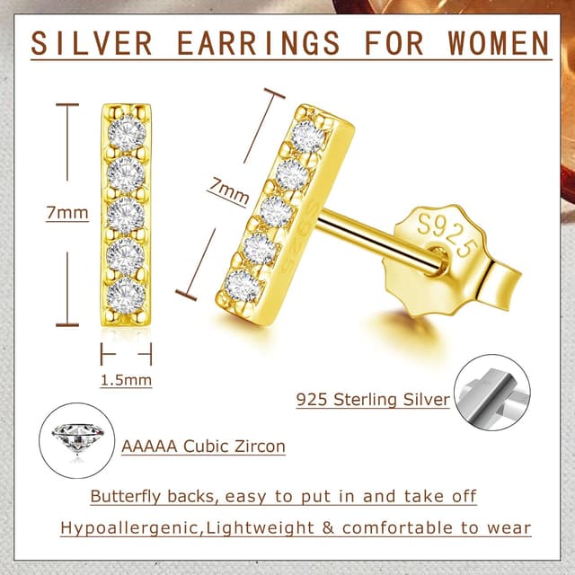 Detalle de Loutade Ohrstecker aus 925 Sterling Silber mit Zirkonia – flache Stecker für Damen & Mädchen