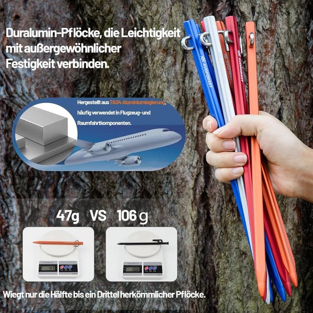 Detalle 2 de Zeltheringe AVOFOREST Erdnägel (8 Stück), stabile Aluminiumlegierung, 20 cm – ideal für normaler bis harter Boden