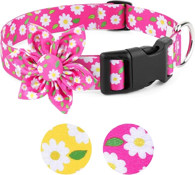 Detalle de BiPawTi Medium Pink Flower Dog Collar with Bloom Decoration (Pink, M)