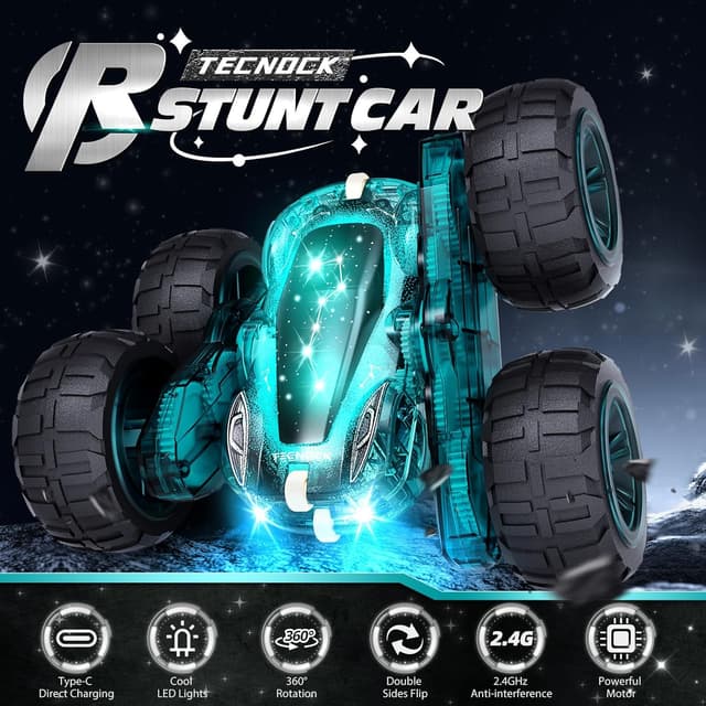 Detalle de Tecnock Remote Control Car (2.4GHz) with USB-C Easy Charging, 4WD 360° Stunt Car