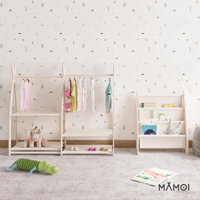 Detalle de MAMOI libreria autoportante per bambini con tasche in tessuto e cassettiera in legno
