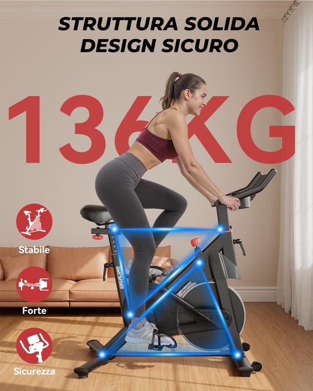 Detalle de Superun Cyclette da casa con resistenza magnetica e 32 livelli, controllo via app e portata fino a 136 kg