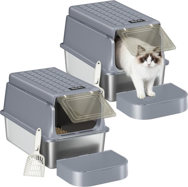 Detalle de Fobyfurny Lettiera in acciaio inox XXL chiusa con coperchio incernierato (con paletta e pedana), confezione da 2