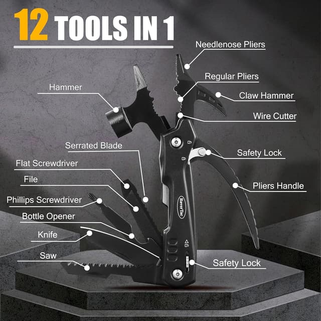 Detalle 2 de RoverTac 12-in-1 Multi Tool Hammer con torcia LED e coltello multiuso (confezione regalo premium)