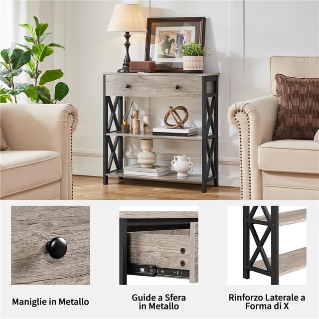 Detalle 2 de Yaheetech Tavolo Consolle Vintage Mobile in MDF e Ferro con Ripiani e Cassetti, grigio (30 x 80 x 80 cm)