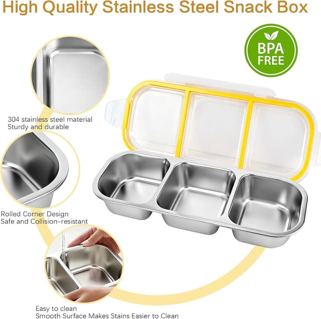 Detalle 2 de lompyeu Snackbox mit Fächern (2er-Set) – Edelstahl-Brotdose für Kinder mit 3 Fächern